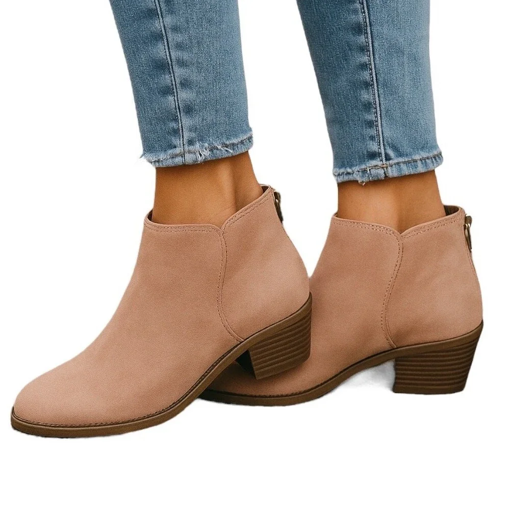 Old Navy Girls Tan Suede Rear Zip Stacked Block Heel Ankle Booties Size 4